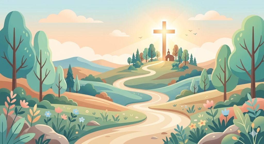 Premier Jour : L’Appel du Chemin - un chemin doux menant vers une église ou une croix lumineuse sur une colline